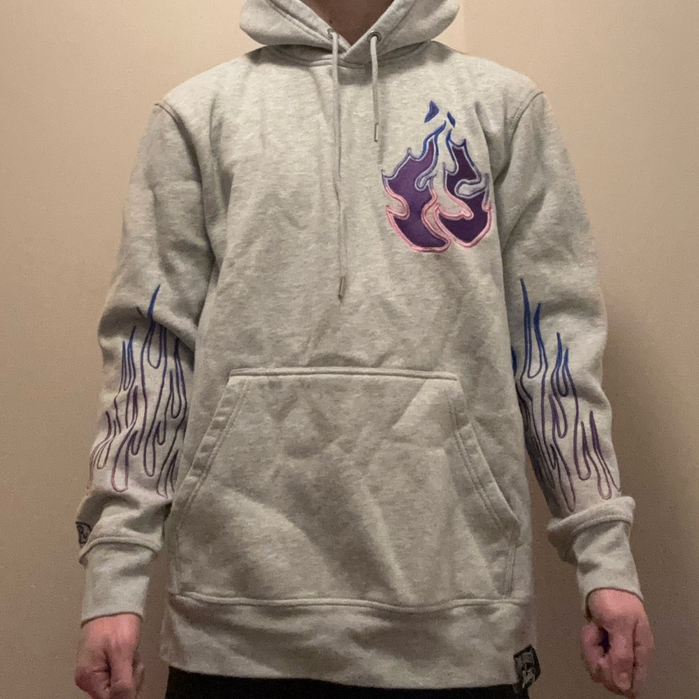 RUNTS X Fire Society  Gray Hoodie with Purple and Blue Flame Accents